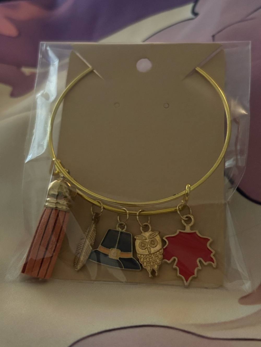 Gold-Tone Autumn Charm Bangle Bracelet with Red Leaf & Owl